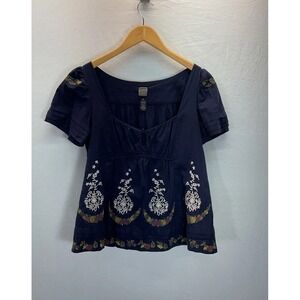 Lithe Anthropologie Women's Size 6 Navy Short Sleeve Embroidered Peasant Blouse